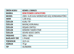 230V 0,25 KVAR KONDANSATÖR MONOFAZE - 2